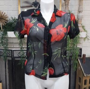 Variations Sheer Camp Shirt Sz M Poppy Print Blouse Hawaiian Floral